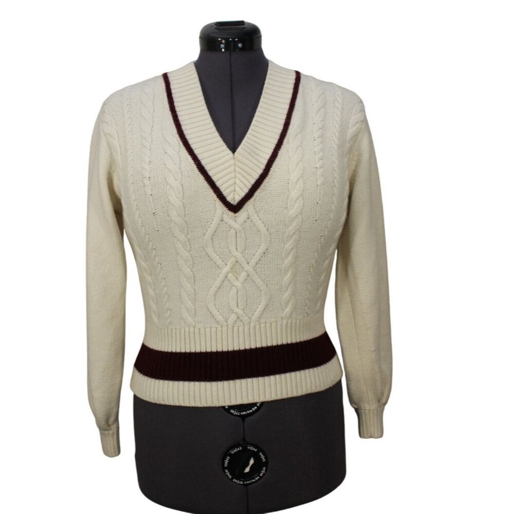 Claudie Pierlot women's cable‎ knit v-neck cricketer preppy pullover sweater 1
